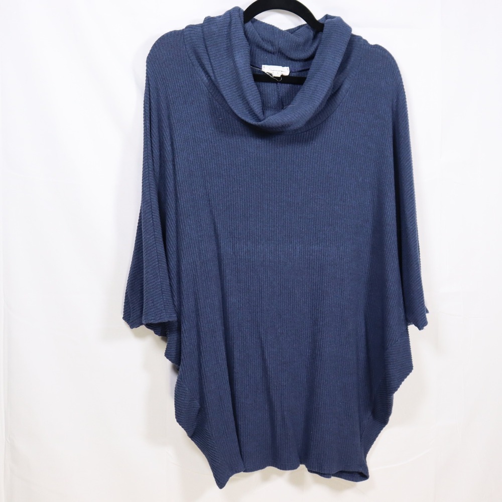 Boho Cowl Neck Poncho Sweater L Blue Womens Gorpcore Ribbed